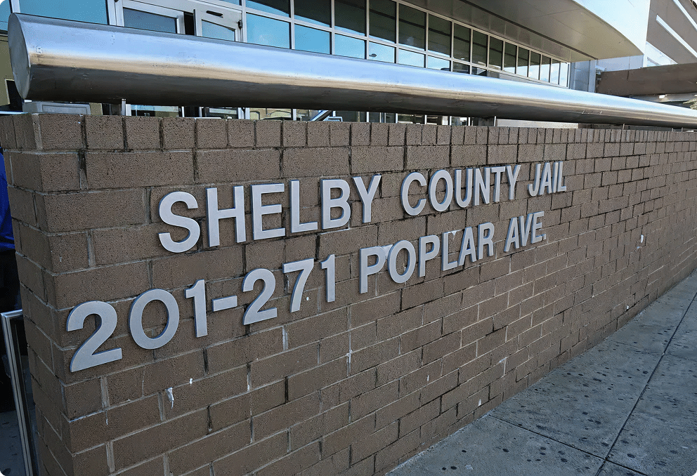 Shelby County Jail sign at 201-271 Poplar Ave in Memphis